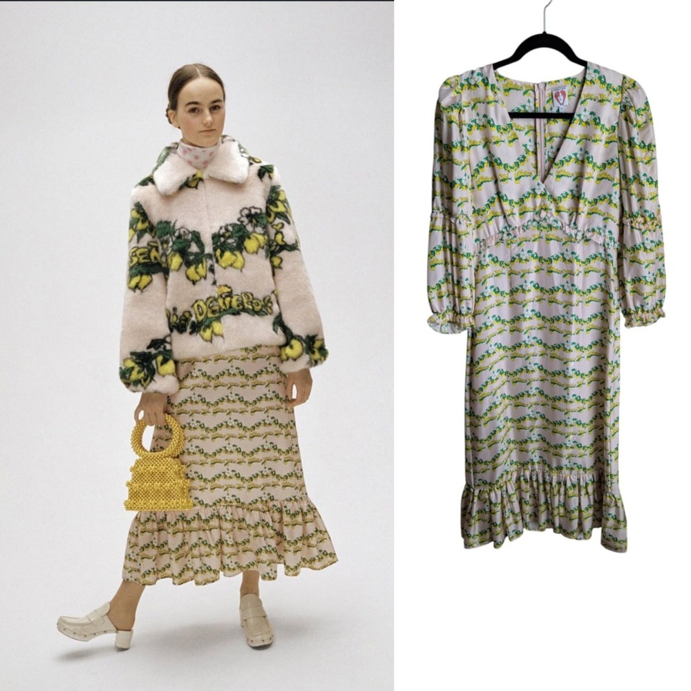 Shrimps Sandrine Dress size 10 Lemon Print Silk Twill Maxi Romantic Resort